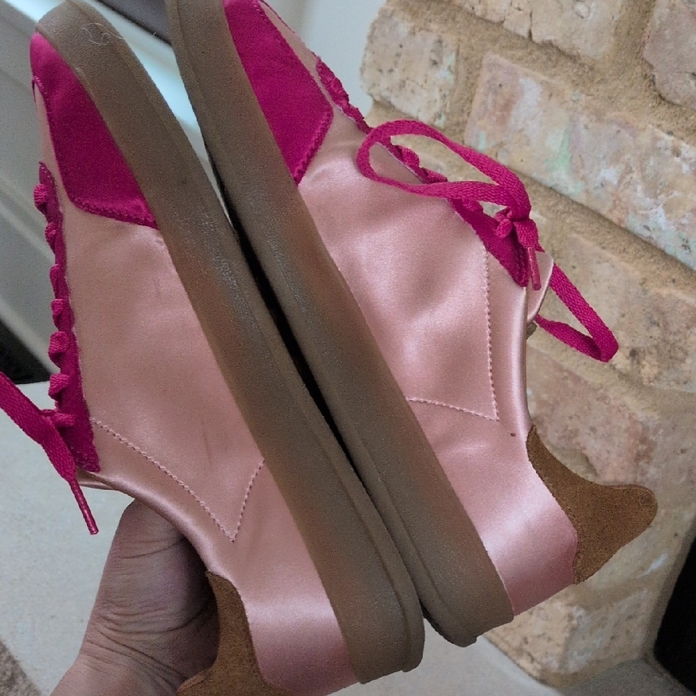 PLAY by JEFFERY CAMPBELL I Pink & Brown Satin & Suede "Keyes" Sneakers Shoes, 8 - Picture 11 of 16